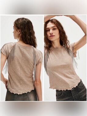 We The Free Bang Bang Tee Fringe Sleeve Ribbed Tee in Taupe
